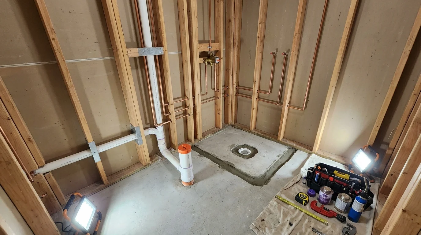 Bathroom rough-in plumbing during remodel by Johns Plumbing LLC in Tannersville