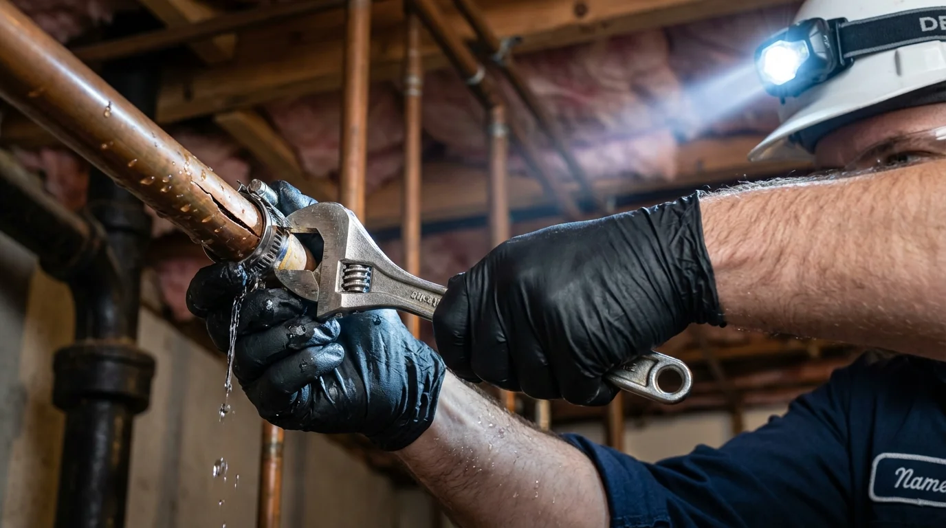 Emergency pipe clamp repair being performed by a Johns Plumbing LLC plumber in Tannersville