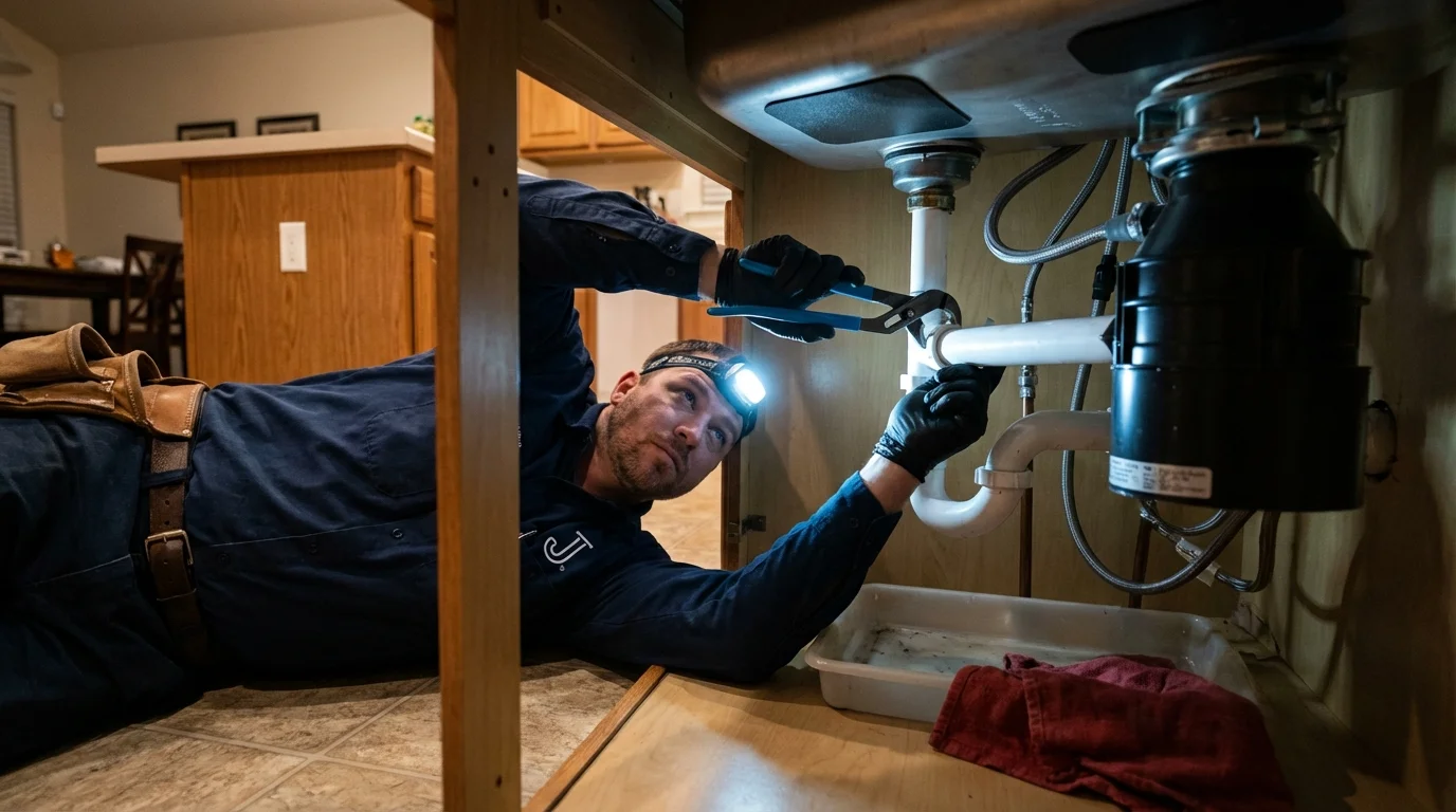 P-trap and supply line connections under a kitchen sink showing a common leak point in Tannersville, PA